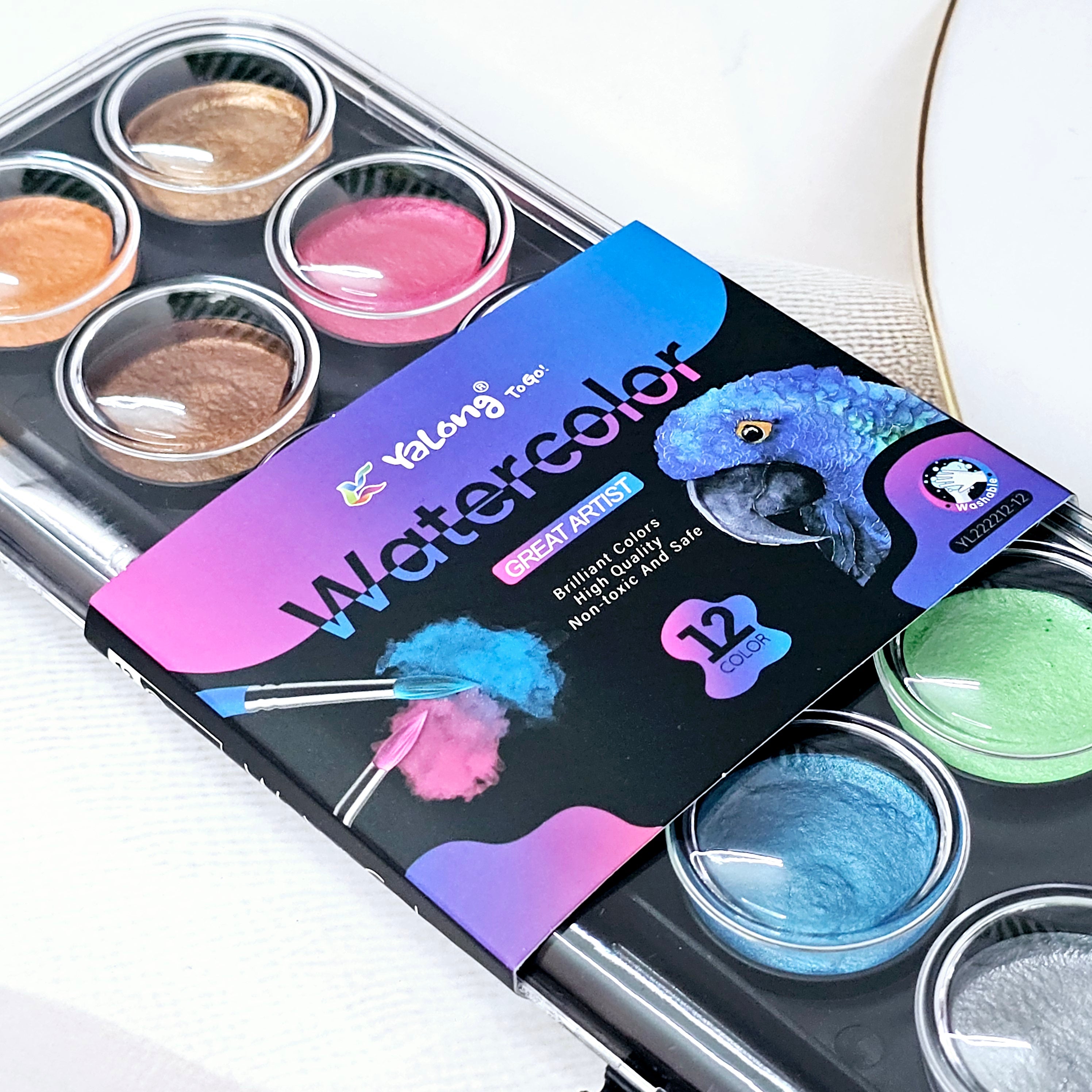 Yalong 12 Color Metallic Watercolor Paint Set Front View - High-Quality, Safe for Kids - www.usmile.toys